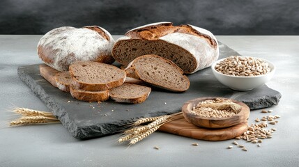 Naklejka premium Savor the delightful experience of freshly baked artisanal bread, beautifully adorned with rustic grain patterns, elegantly presented on a sleek slate serving board