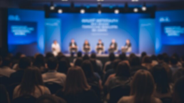 Formal business seminar. Speakers addressing an audience of professionals in a conference hall with a large projector screen and stage setup, Rear view with blurred background