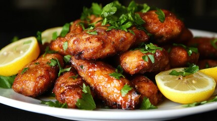 A plate of golden brown breaded fried cutlets garnished with fresh parsley rests on a rustic wooden table.