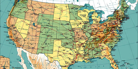 Contiguous United States Road Map with State Boundaries and Major Highways