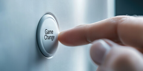 A finger presses a button with text Game Change. Game changer creative concept. Rule change, leader, self-expression