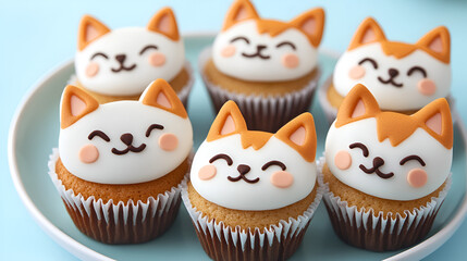 Cute cupcakes with cat faces, joyful mood, displayed on a light blue background, copy space