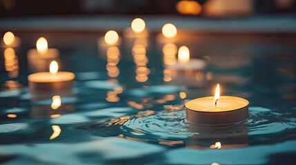 A serene night scene featuring floating candles illuminated on calm, reflective water.