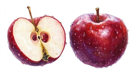 A sliced red apple reveals its creamy white interior, showcasing a star-shaped core containing five brown seeds.