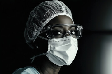 A woman wearing a white lab coat and a surgical mask