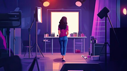 Woman Walks Towards Makeup Studio Lights