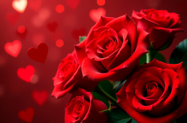 Obraz premium Red roses on a red background, bokeh, hearts. Congratulations, postcard.