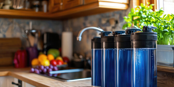 House water filtration system for kitchen washbasin, reverse osmosis. Filter cartridges of foamed polypropylene, granular, briquettes carbon, plumbing services