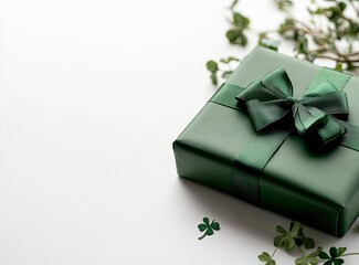 Green gift box adorned with a ribbon and decorative clovers for a special occasion in a bright setting