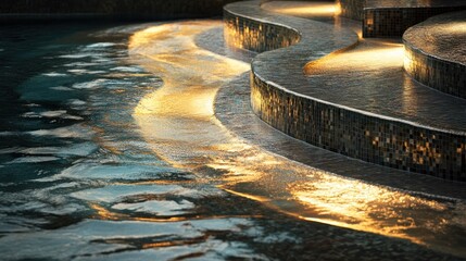 Illuminated pool steps, night, water, reflection, luxury resort