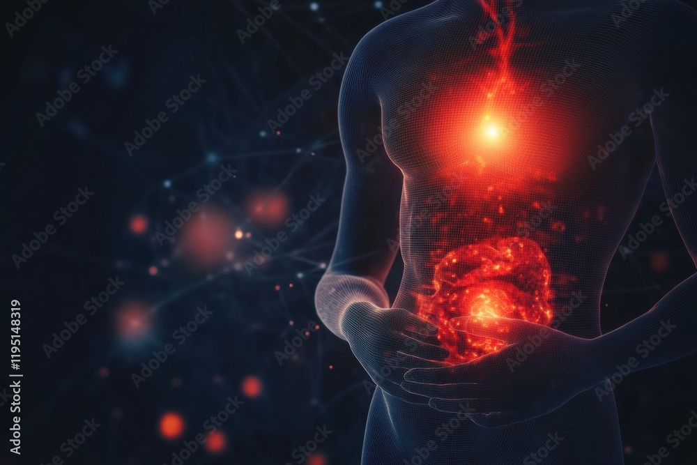 Aufkleber Glowing human torso with red focal point in stomach area illuminated against a dark background showcasing body and energy concept. Generative AI