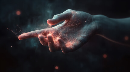 Fototapeta premium Magical Hand with Glowing Particles and Energy Lines in Dark Background