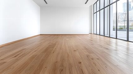 Obraz premium Empty modern interior room with an empty white wall and wooden floor mock up 