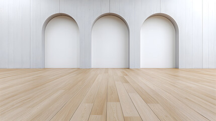 Naklejka premium Empty modern interior room with an empty white wall and wooden floor mock up 