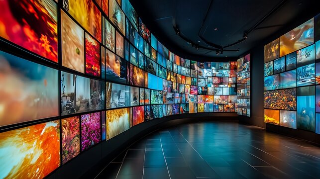 A large, curved wall of electronic screens displaying vibrant, colorful images, likely in a media or exhibition space. The screens are arranged in a semi-circular pattern.