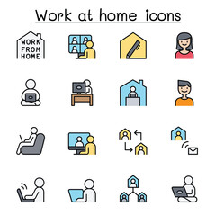 Set of Work at home line icons. contains such Icons as, business people, video conference, online meeting, business people, freelance, stay home campaign and more.