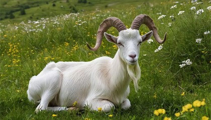 Obraz premium Majestic White Goat in Serene Meadow: A Pastoral Scene
