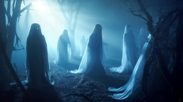 Spectral figures lurking between the trees of a fog-enshrouded forest