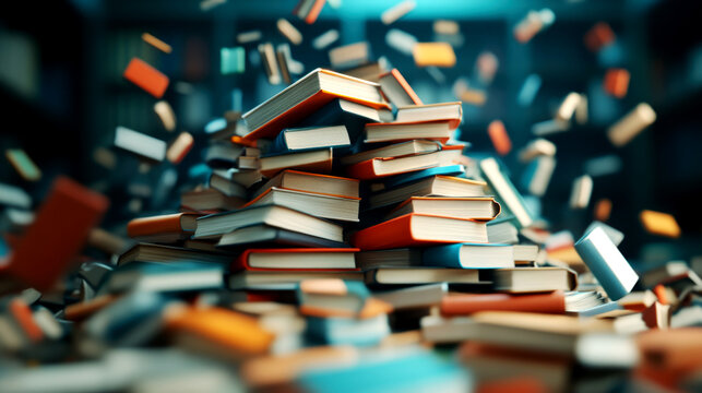 Dynamic scene of textbooks falling in a library educational content creative environment close-up viewpoint learning concept