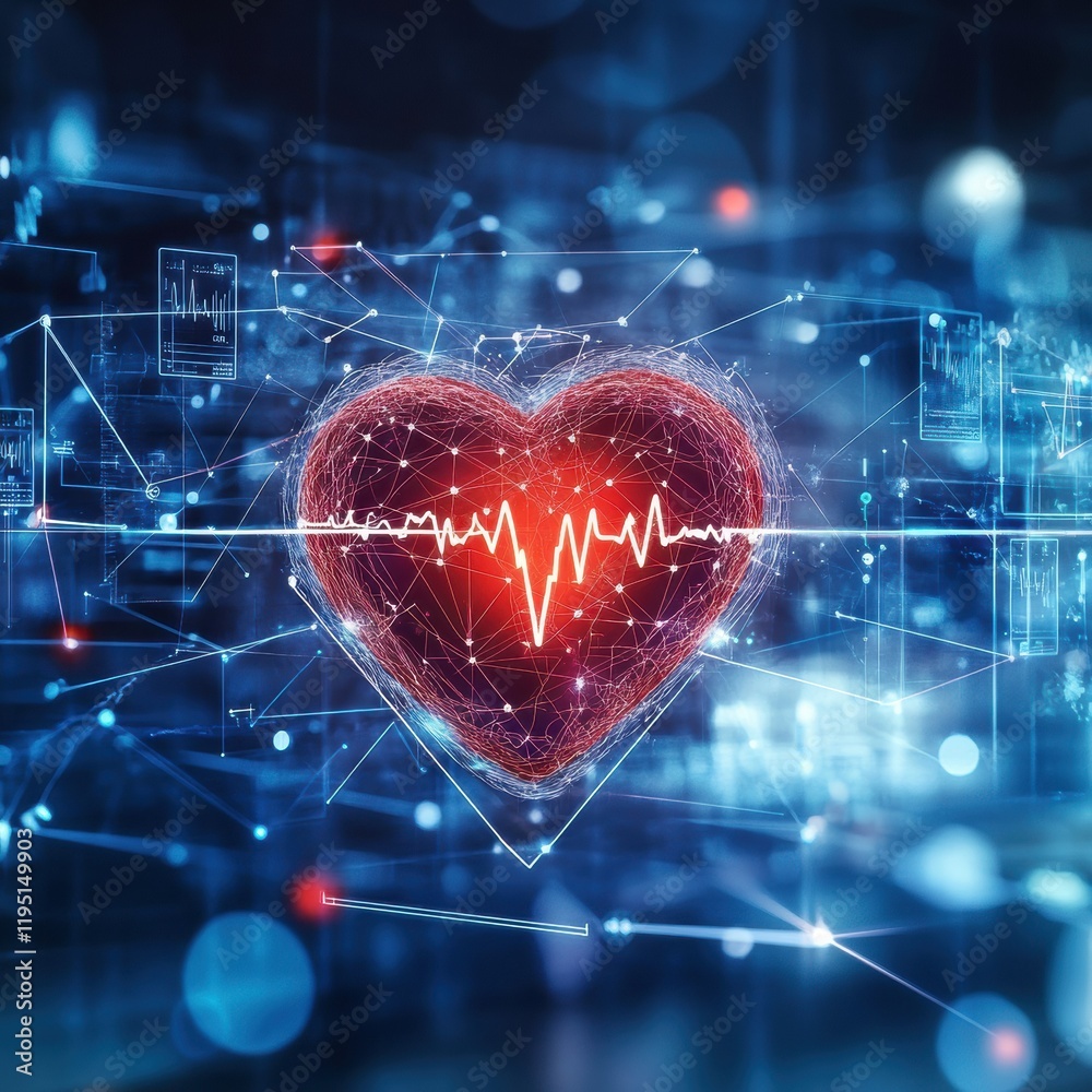 Aufkleber Glowing red heart with dynamic cardiogram displays vibrant data flow in a digital environment. Generative AI