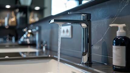 Stylish chrome faucet with water flow on modern bathroom background. Great for interior design, plumbing adverts and renovation articles.