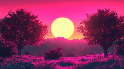 Surreal landscape with a glowing sun between silhouette trees and pink scenery