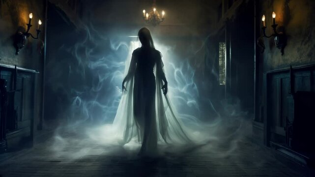 Ghostly apparition of a woman in white, haunting the forgotten mansion