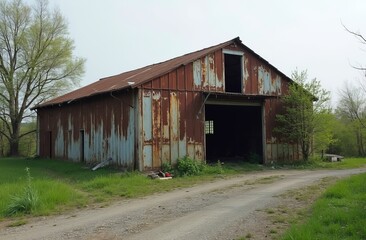 Weathered red and rusted metal barn with open door, surrounded by green grass and trees on a cloudy day, depicting rural decay and rustic architecture