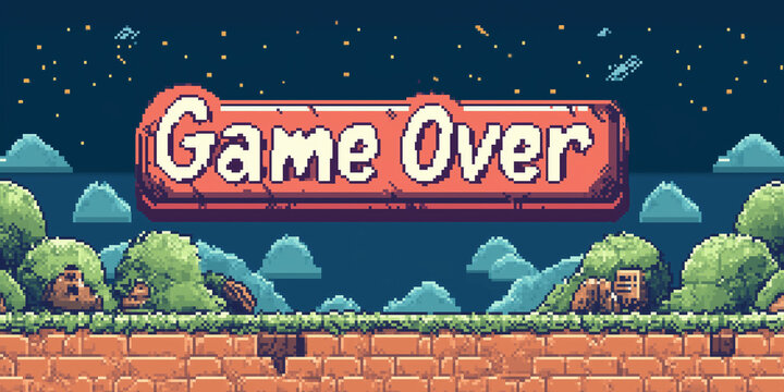 Scritta Game Over so sfondo nero. stile videogames anni 80. Pixels.