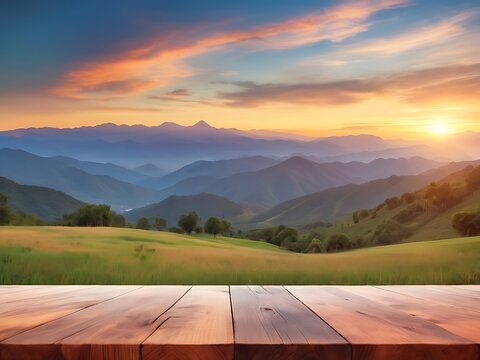 A rough-hewn wooden table with a blurred, dreamy background of the sun setting behind rugged mountains, framed by vibrant clouds