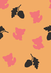 Red panda and Acorn outline, flat design,Vector seamless pattern.