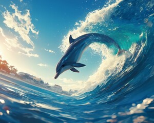 A dolphin surfing on a wave, captured in hyper-realistic, high-resolution photography showcasing dynamic movement and vibrant ocean colors.