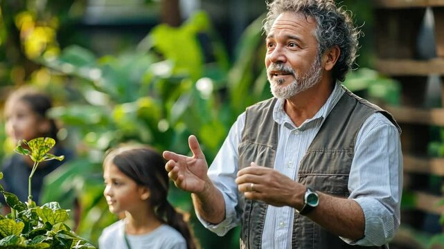 A man scientist explains the concept of plants and symbiosis, inspiring young students with examples from rainforests and gardens