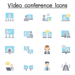 Video conference icons set in thin line style