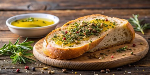 A crusty bread slice dipped in a fragrant olive oil with a sprinkle of dried herbs and spices on top, bread, herbs