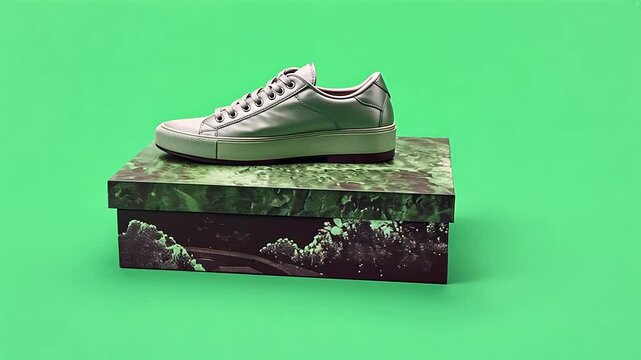 White sneaker on a patterned box against a green background.