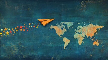 Paper airplane flying over world map with colorful stars.