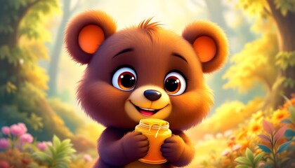 Adorable Honey Bear Cub: A Delightful 3D Cartoon Illustration