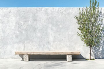 Modern Minimalist Bench and Tree Against Light Textured Wall in Bright Outdoor Setting