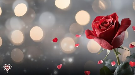 Beautiful red rose surrounded by falling heart-shaped petals with a soft bokeh background creating a romantic atmosphere