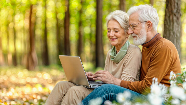 Senior couple with laptop computer in spring park. Happy old people. Tablet technology outside. Mature man and woman sitting in park with spring flowers watching laptop computer. Retiree couple banner - Powered by Adobe