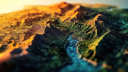 3d topographic map of mountains, rivers and oceans, hyper realistic, vibrant colors