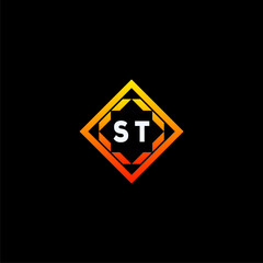 ST initials dynamic geometric logo design features a bold lettering sign in an orange and black color scheme, displayed against a dark background