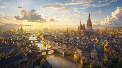 Fototapeta premium Panoramic sunset view of a European city with a cathedral, river, and bridges.