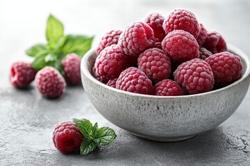 Fresh ripe raspberries in rustic bowl with mint leaves healthy fruit still life