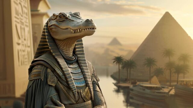 Crocodile-headed Egyptian god Sobek standing by the Nile