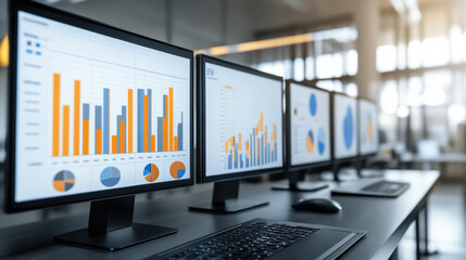 Data analysis on multiple computer screens displaying graphs and charts in modern office environment, showcasing business performance metrics and trends