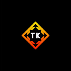 TK initials dynamic geometric logo design features a bold lettering sign in an orange and black color scheme, displayed against a dark background
