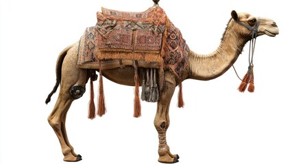 A decorated camel stands gracefully, adorned with a vibrant patterned saddle blanket featuring shades of orange,