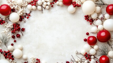 Elegant festive arrangement of red and white baubles with winter foliage on a light surface during the holiday season
